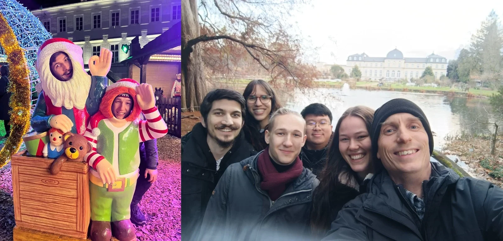 Fotocollage of 1: SNM and Leon on the Christmas market in a photo stand-in representing Santa Claus and an Christmas elf; and 2: PBB together with LDD and other group members in the main Botanical Garden Bonn with the Poppelsdorfer castle in the background.